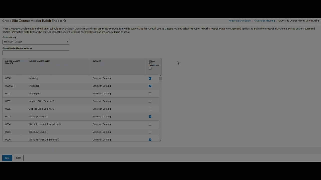 GIF of enabling the Cross-Site Enrollment checkbox for some course masters in a catalog. 