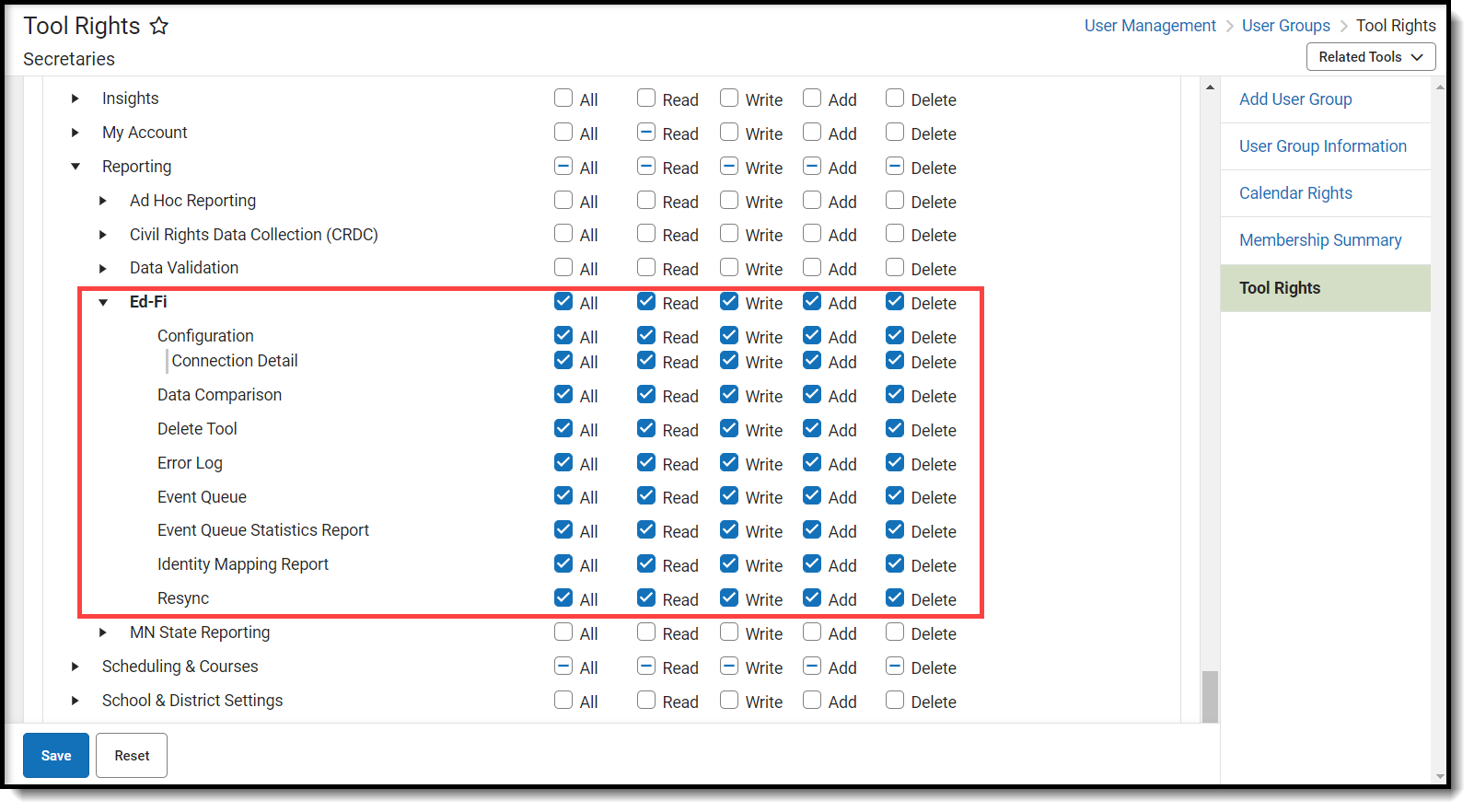 Screenshot of the Ed-Fi Configuration Tool Rights editor.