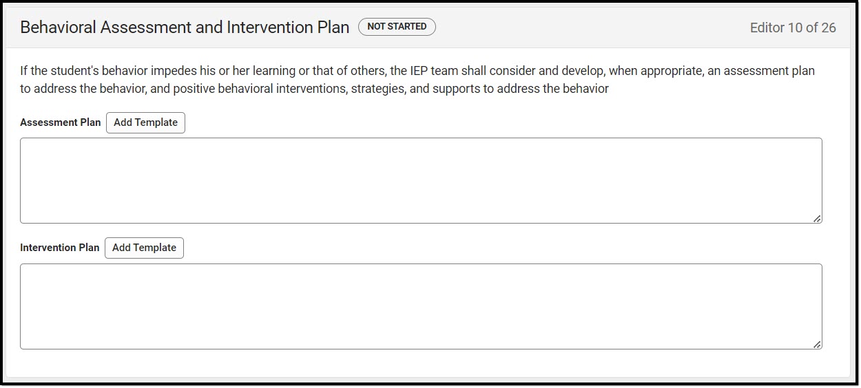 Screenshot of the Behavioral Assessment and Intervention Plan Editor.