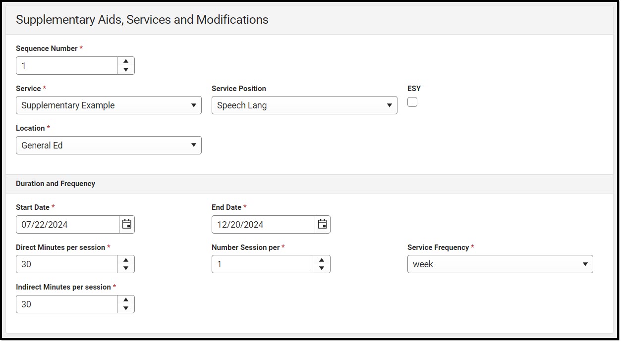 Screenshot of the Supplementary Aids, Services and Modifications Detail Screen.