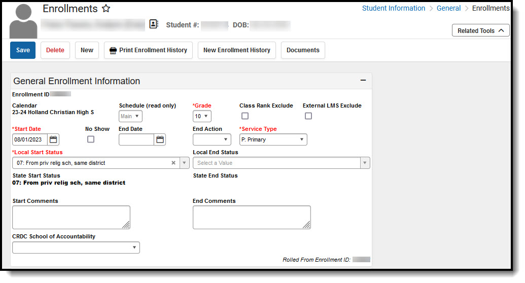 Screenshot of the General Enrollment Information section. 