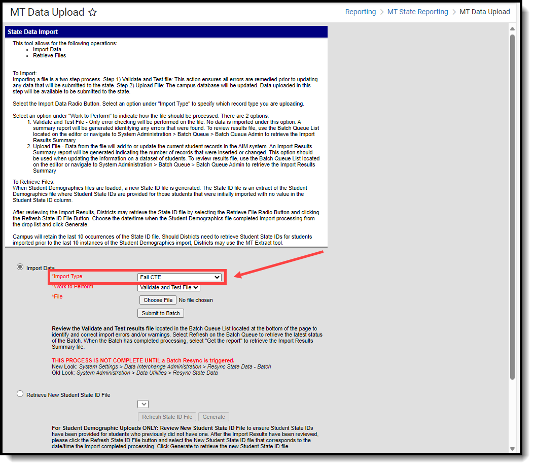 Screenshot of the import editor highlighting the Import Type field with Fall CTE chosen.