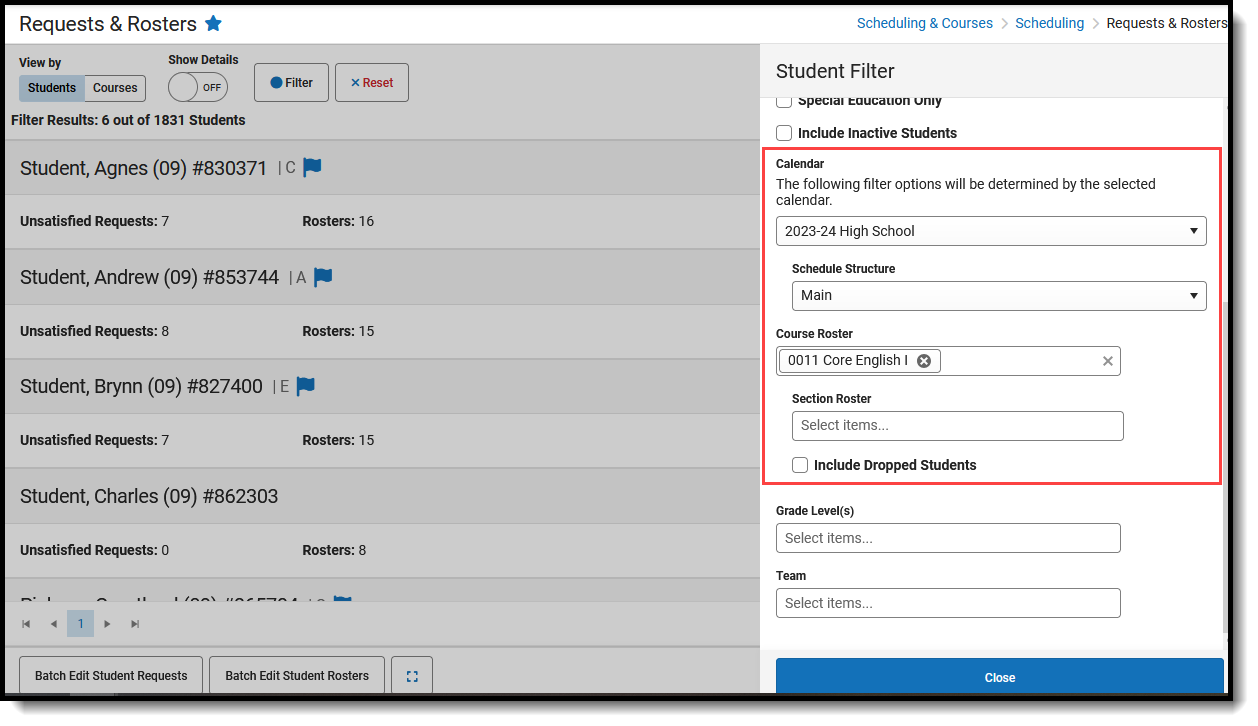 Screenshot of the Student Filter options returning students in a specific course.