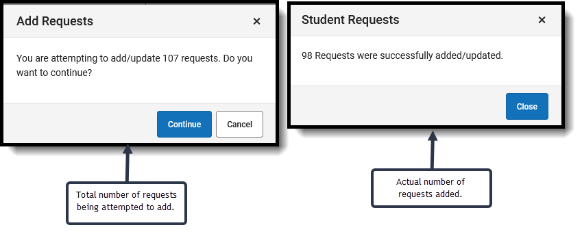 Screenshot of the Add Requests and Student Requests messages displaying different total count numbers. 