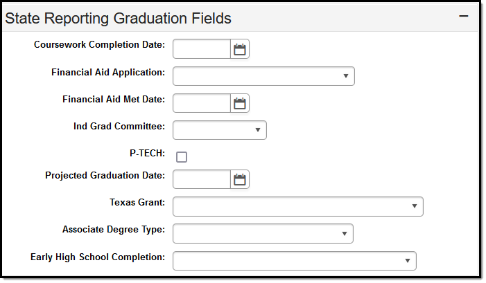 Image of the Texas State Reporting Graduation Fields Editor.