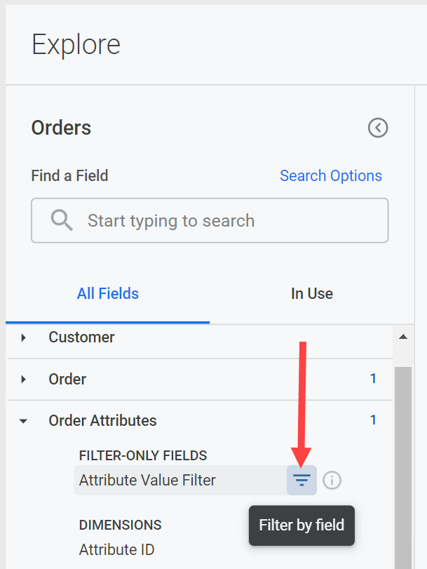 The filter by field option for attribute values