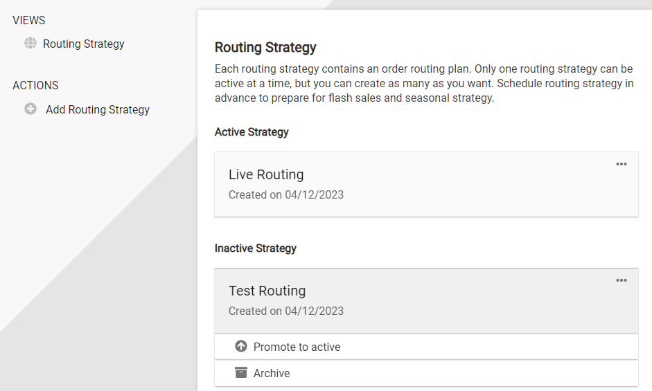 The Order Routing homepage with example route strategies
