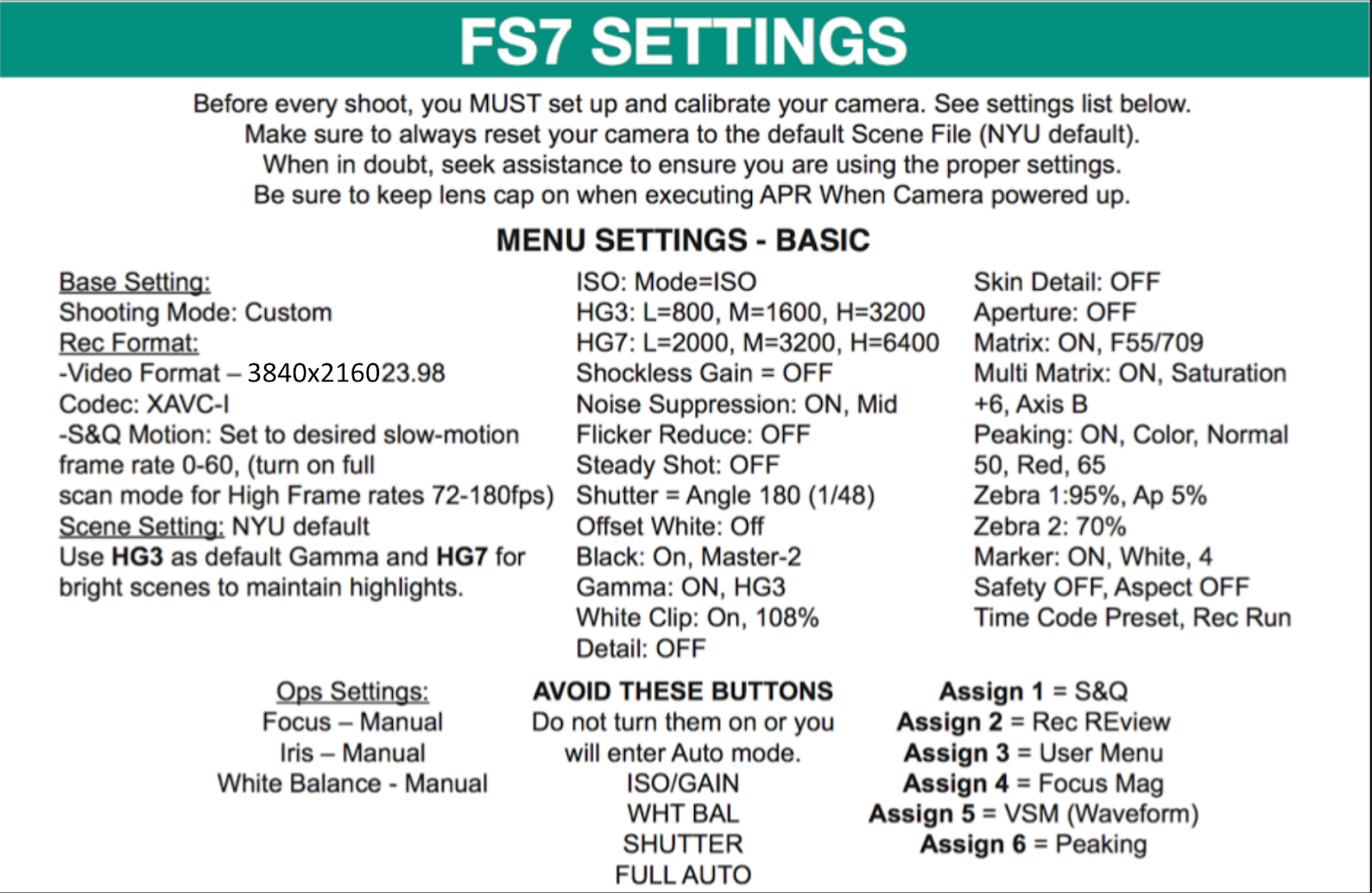 FS7 Settings Card.