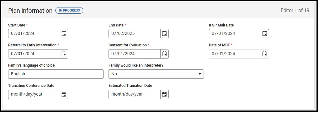 Screenshot of the Plan Information Editor.