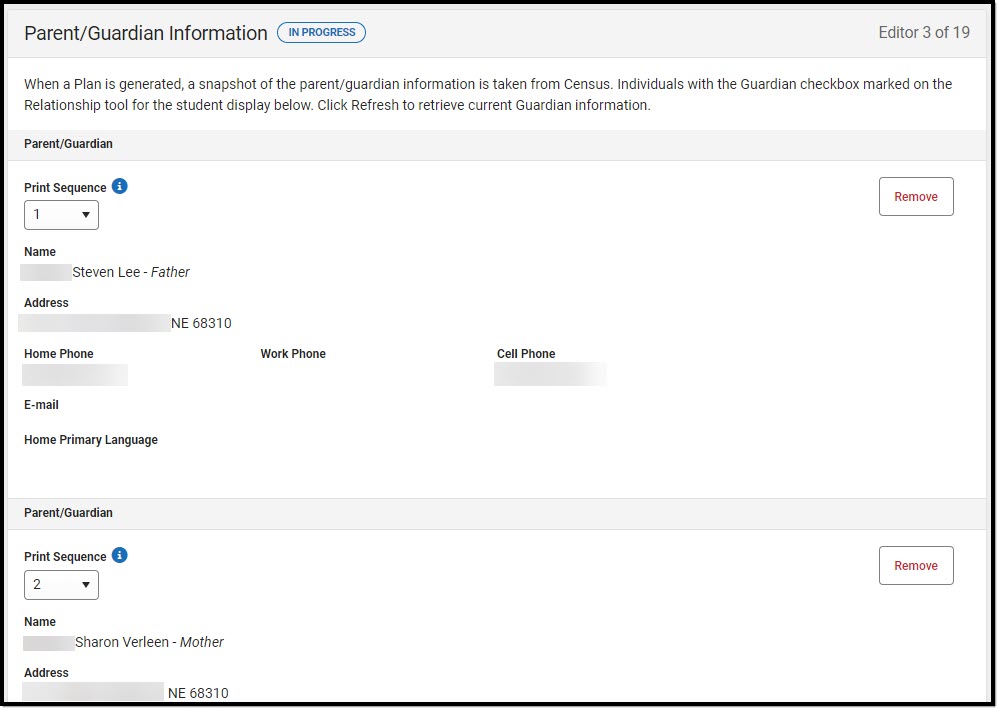 Screenshot of the Parent/Guardian Information Editor.