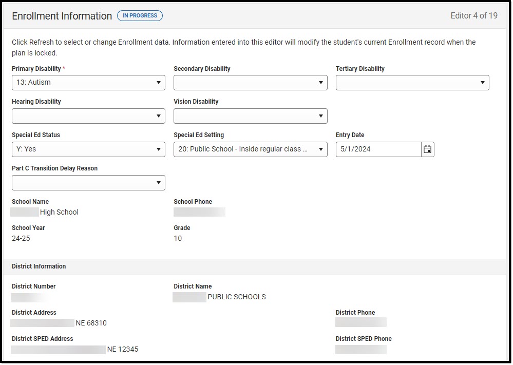 Screenshot of the Enrollment Information Editor.