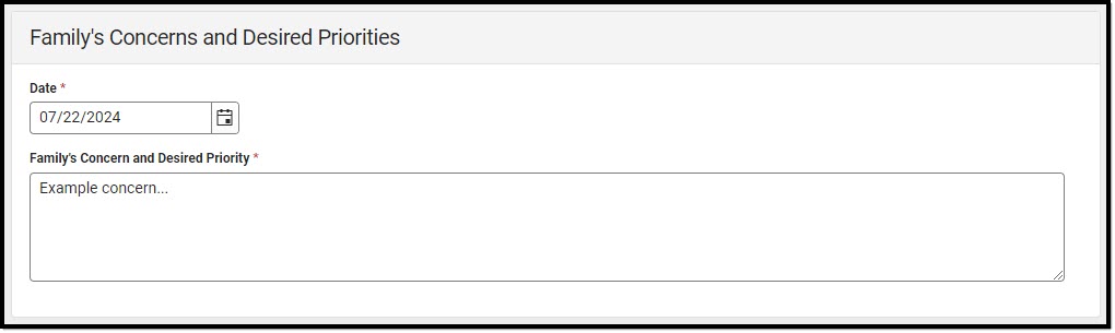 Screenshot of the Family Concerns and Desired Priorities Detail Screen.