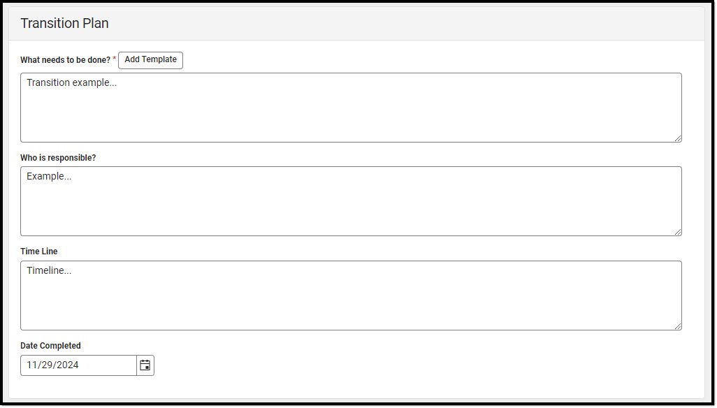 Screenshot of the Transition Plan Detail Screen.