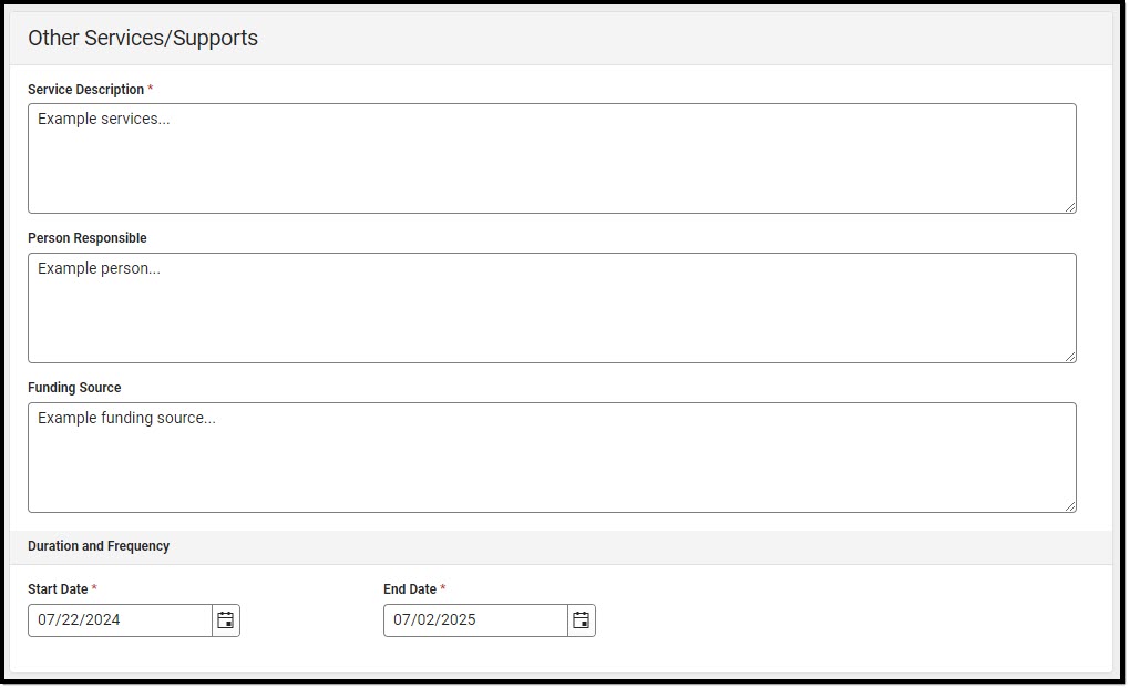 Screenshot of the Other Services/Supports Detail Screen.