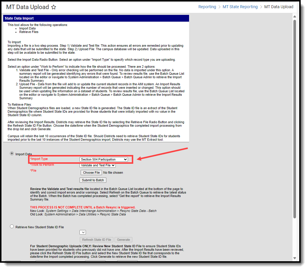 Screenshot of the import editor highlighting the Import Type field with Section 504 chosen.