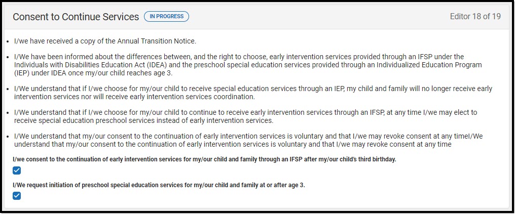 Screenshot of the Consent to Continue Services Editor.