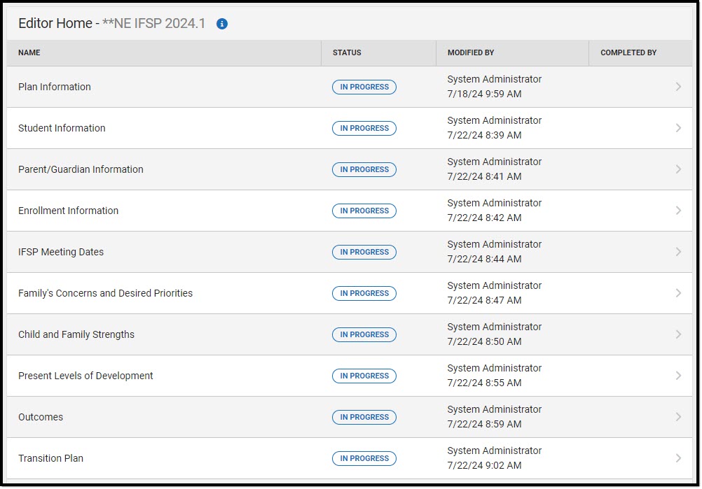 Screenshot of the editor home screen for the Nebraska IFSP.
