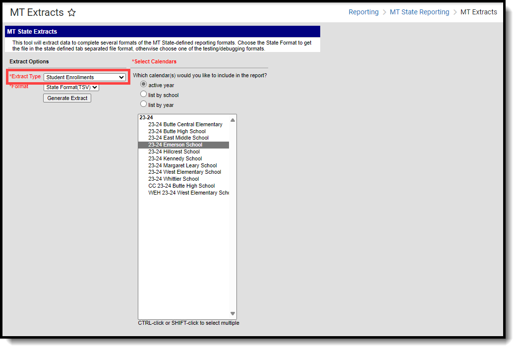 Screenshot of the Student Enrollments extract editor.  