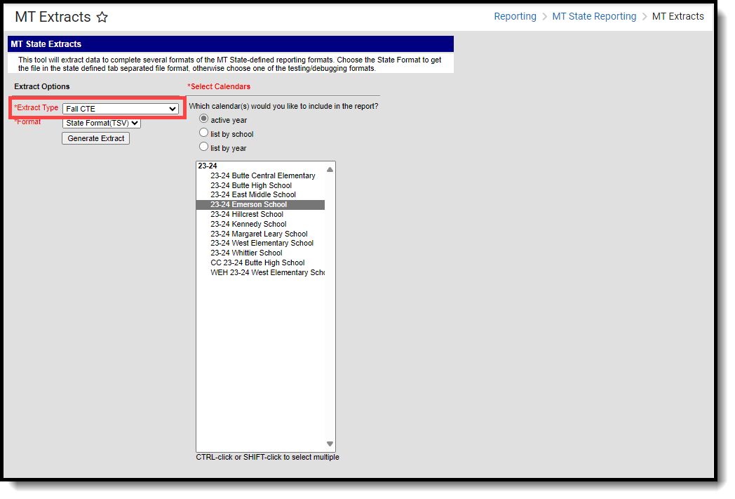 Screenshot of the Fall CTE extract editor highlighting the extract type field.