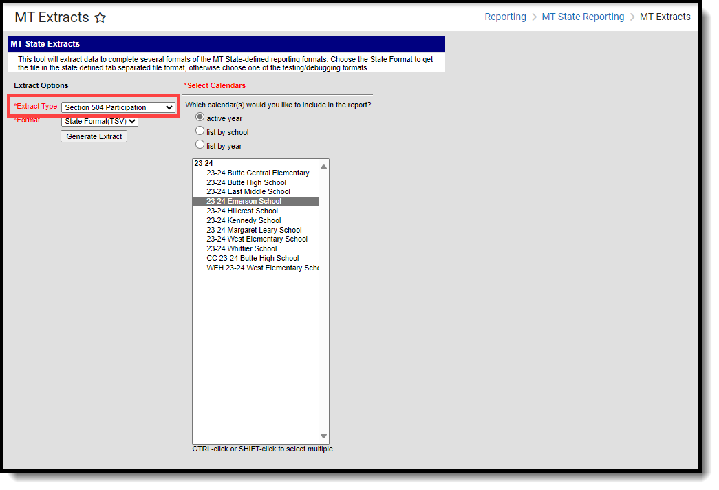 Screenshot of the Section 504 Participation extract editor.