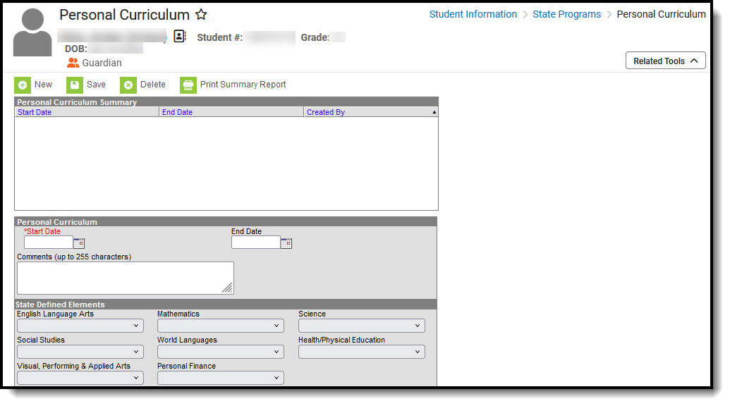 Screenshot of the Personal Curriculum Editor.