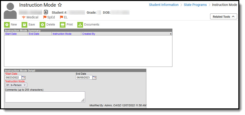 Screenshot of an Instruction Mode program record. 