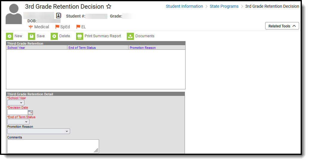 Screenshot of a 3rd grade retention decision program record. 