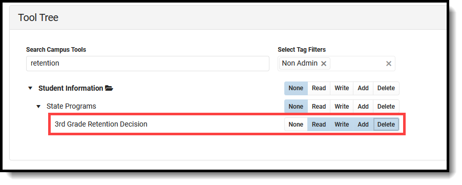 Screenshot of Third Grade Retention tool rights.