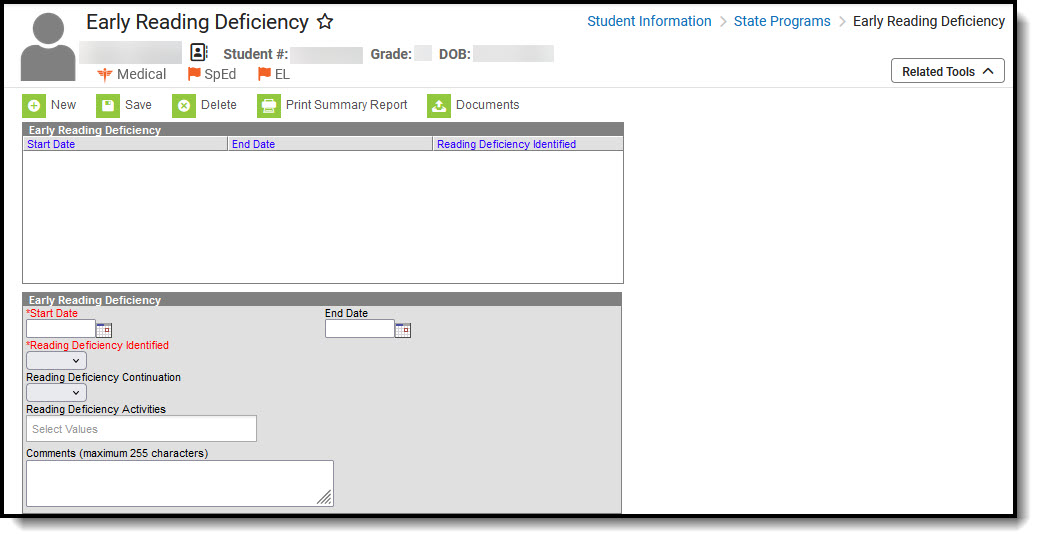 Screenshot of the fields in an Early Reading Deficiency program.