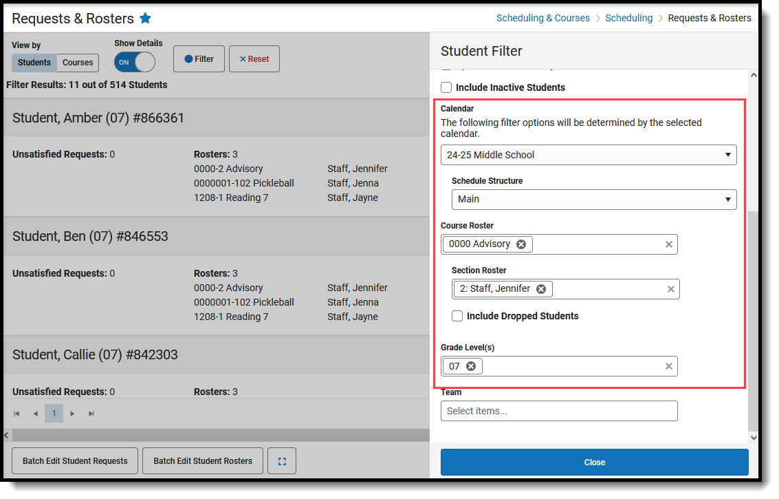 Screenshot of the filter options for removing students from a section