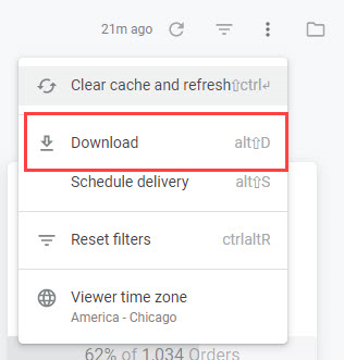 The options menu of a dashboard with a callout for the Download button
