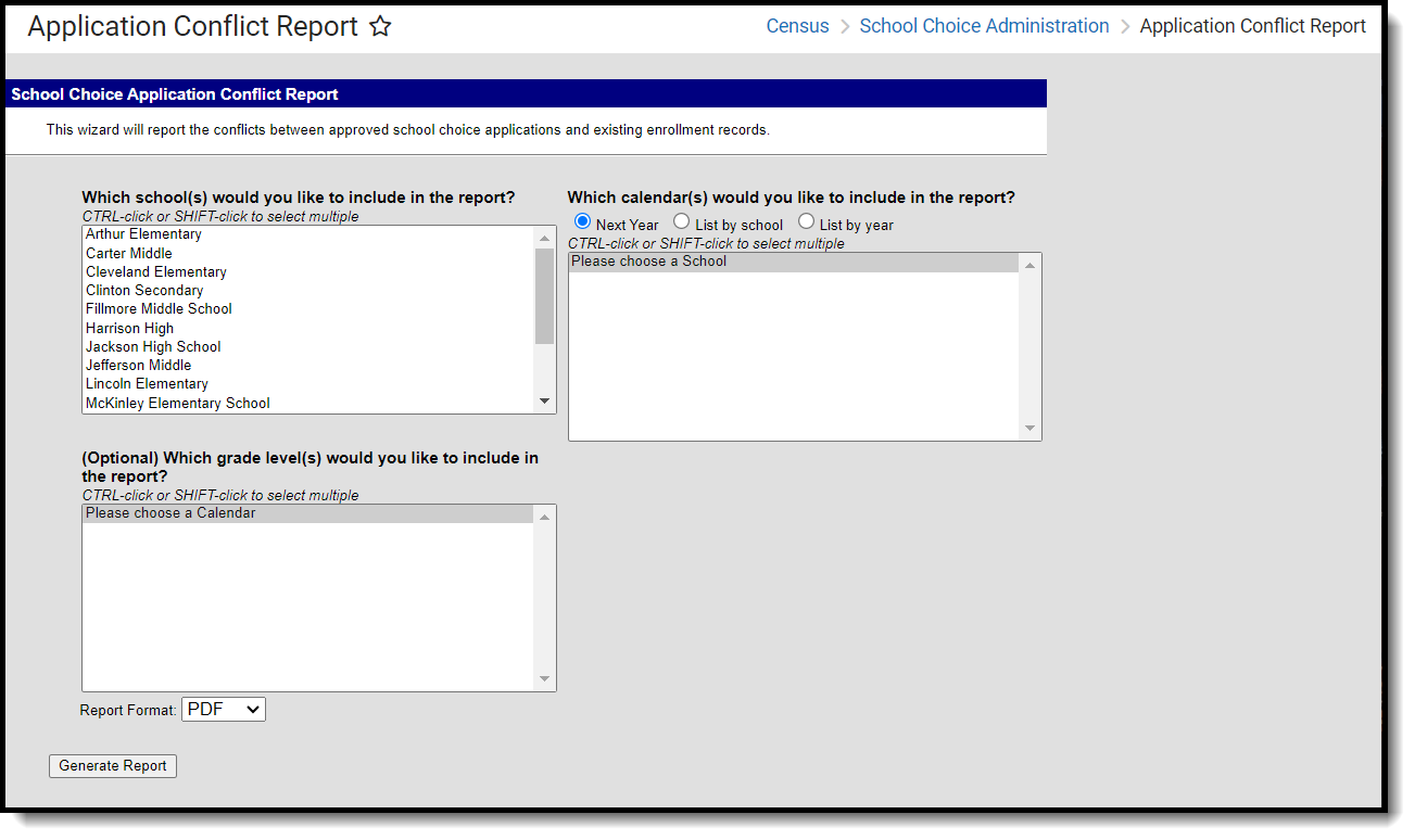 Screenshot of the Application Conflict Report, located at Census, Census School Choice Administration.