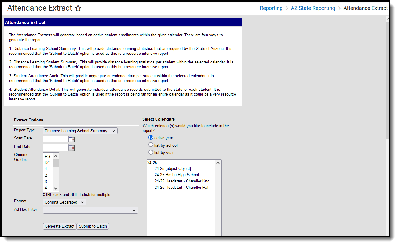 Screenshot of the Attendance Extract Editor, located at Reporting, AZ State Reporting.