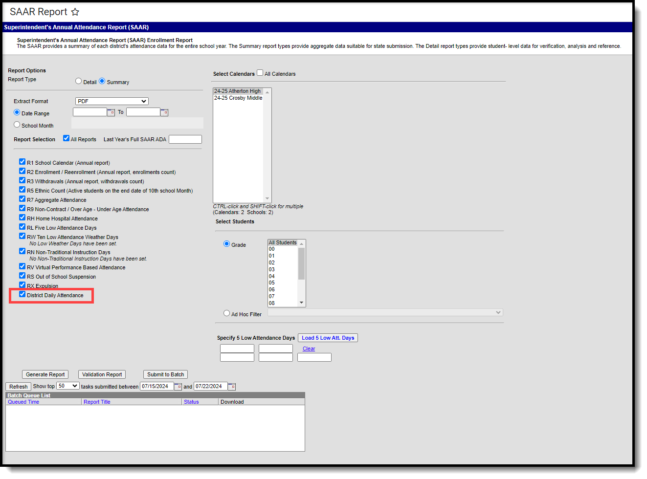 Screenshot of the District Daily Attendance checkbox.