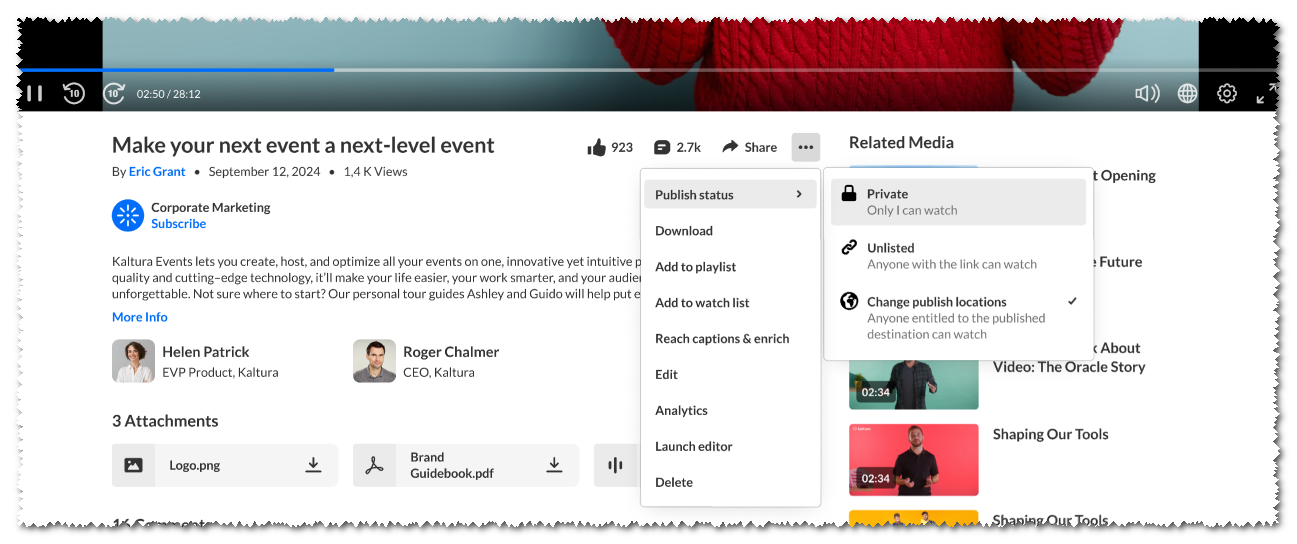 The new publish flow in the single media page showing how the menu is displayed