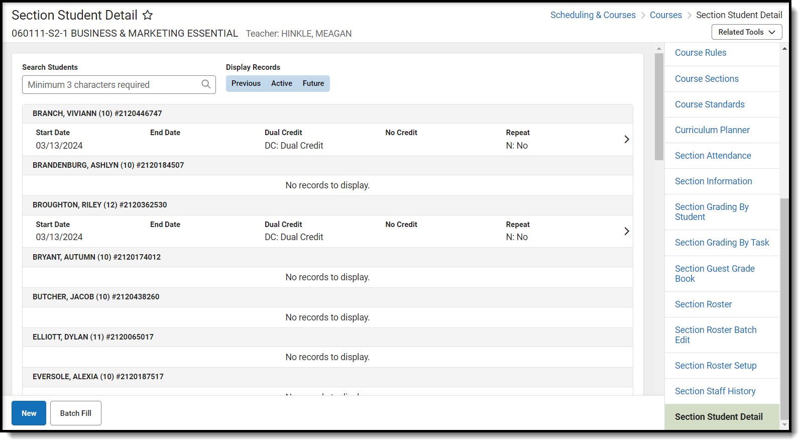 Screenshot of the Section Student Detail tool.