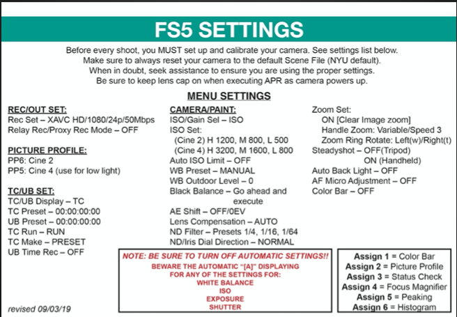 Page one of the FS5 Settings Card.