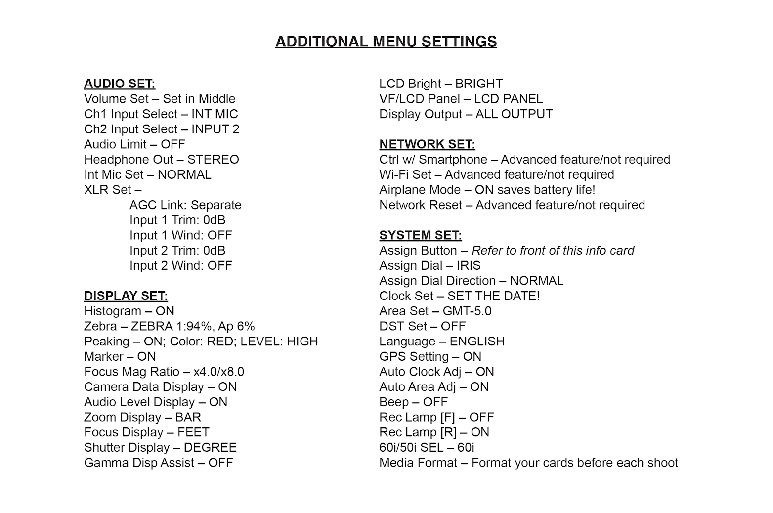 Page two of the FS5 Settings Card.