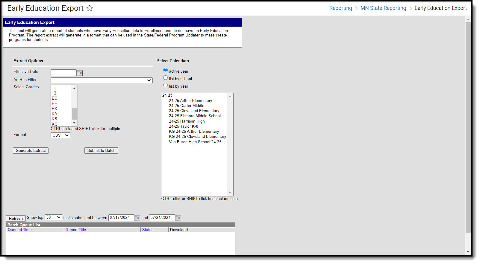 Screenshot of the Early Education Export tool.