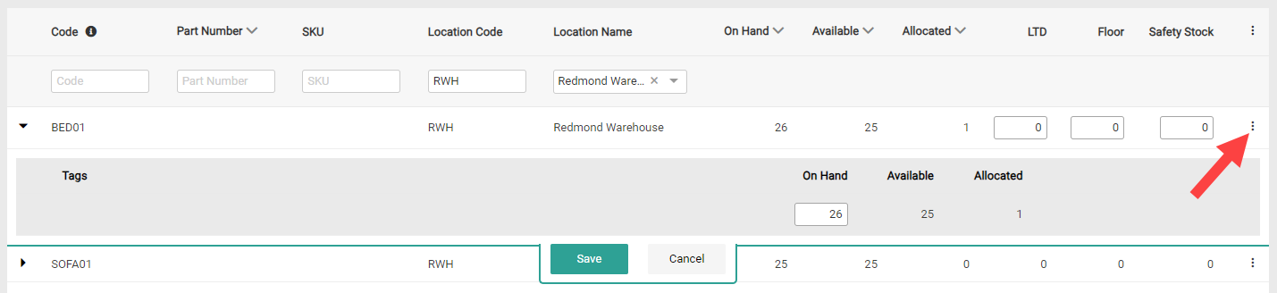 An example editable inventory record