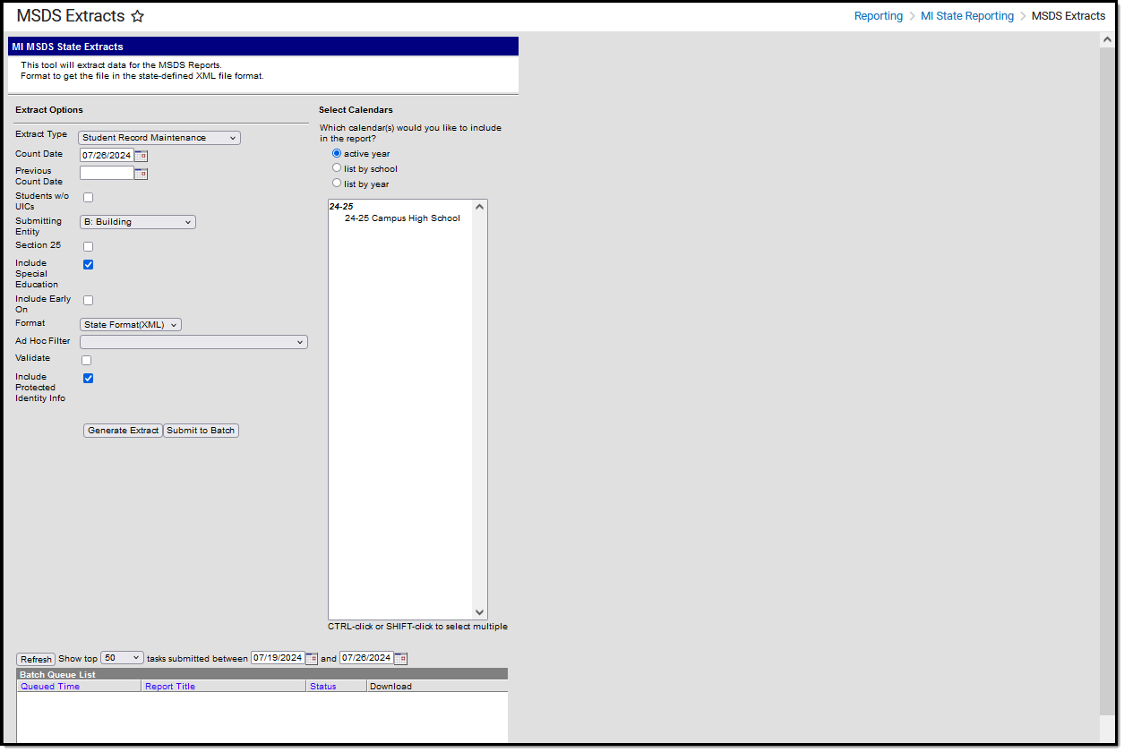 Screenshot of the MSDS Student Maintenance Record Extract Editor.