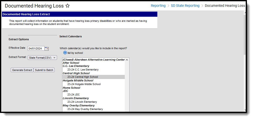 Screenshot of the Documented Hearing Loss extract editor., located at Reporting, SD State Reporting.