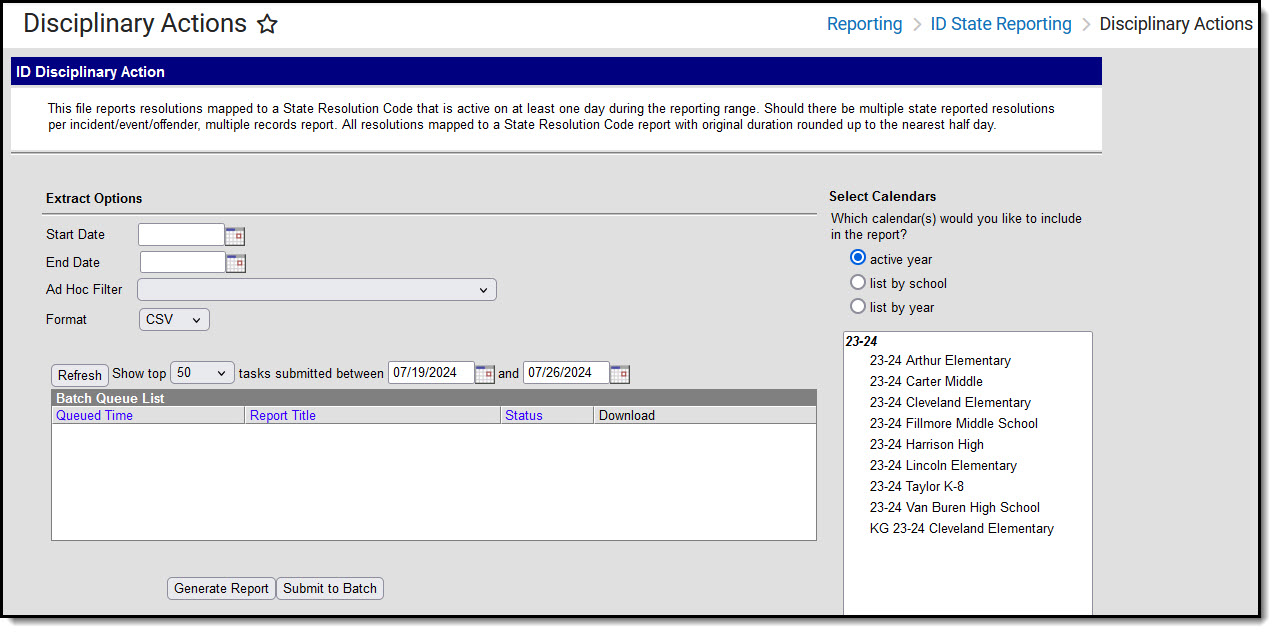 Screenshot of the Disciplinary Actions extract editor.  