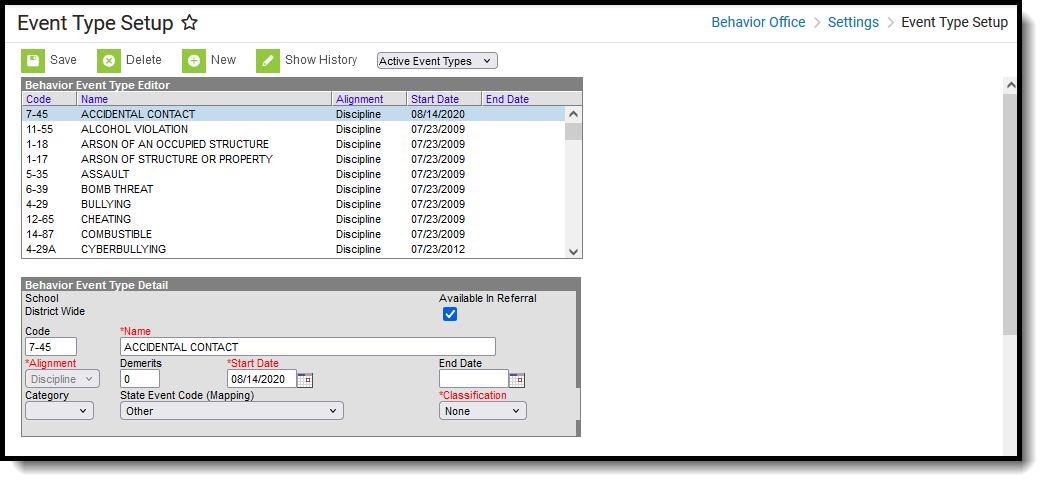 Screenshot of the Behavior Event Type Setup, located at Behavior Office, Settings. 