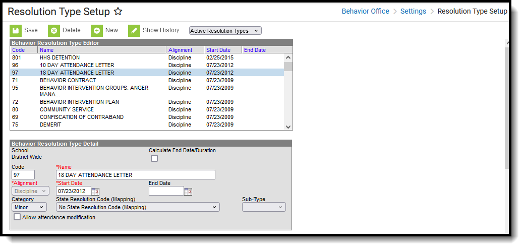 Screenshot of the Behavior Resolution Type Setup editor, located at Behavior Office, Settings. 