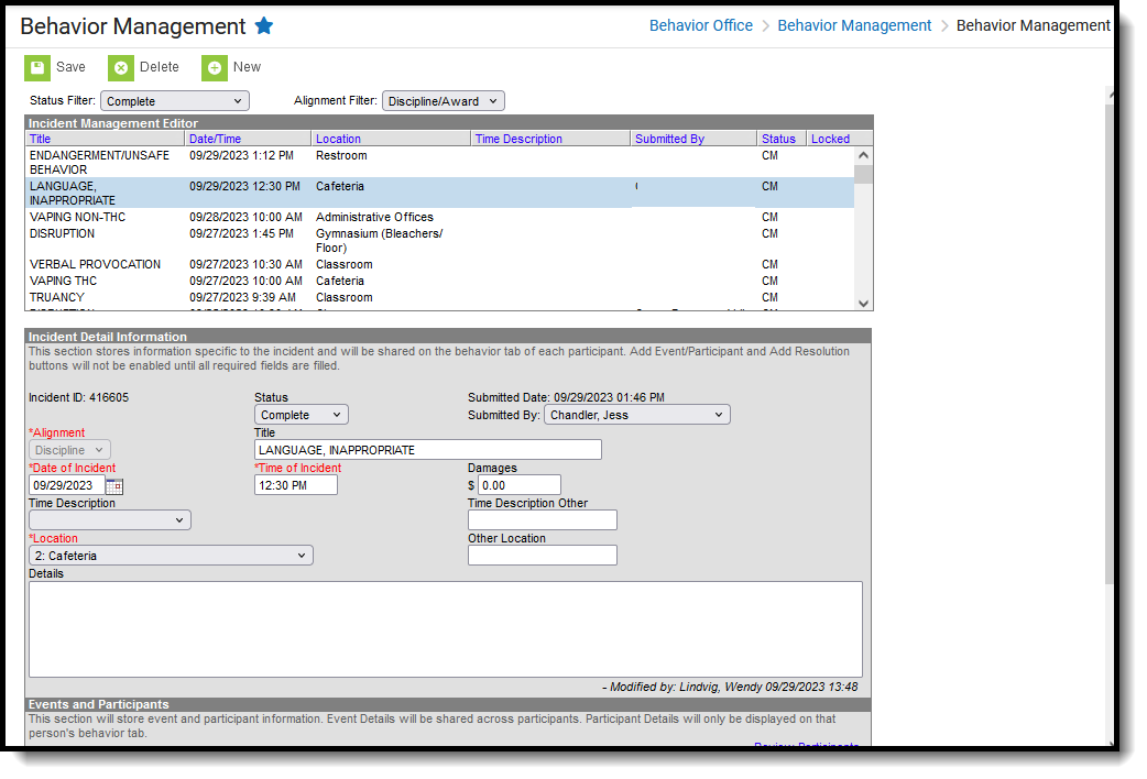 Screenshot of the Behavior Management editorr, located at Behavior Office. 