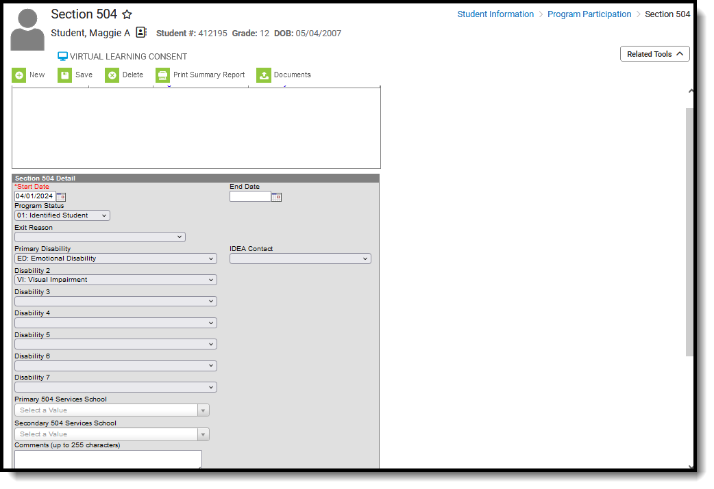 Screenshot of the Section 504 editor located at Student Information, Program Participation. 