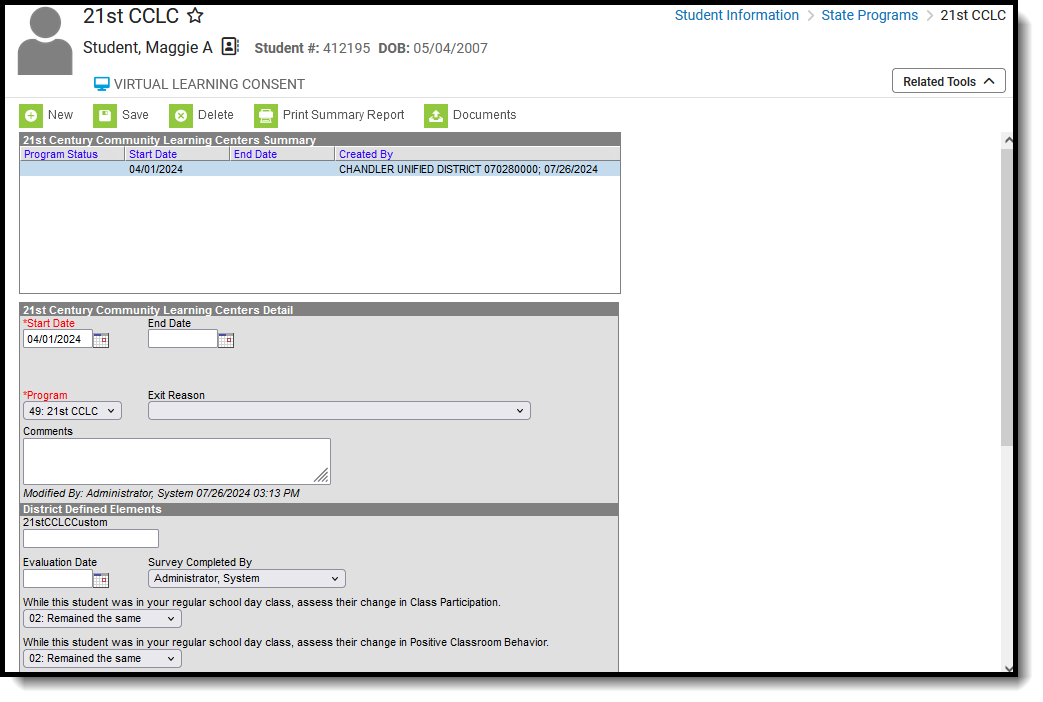 Screenshot of the 21st CCLC Record, located at Student Information, State Programs.