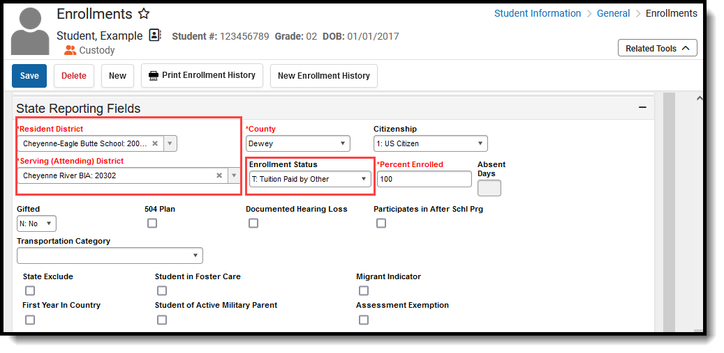 Screenshot of the Enrollment Status Field