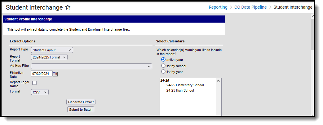 Screenshot of the Student Layout Extract, located at Reporting, CO Data Pipeline, Student Interchange. 